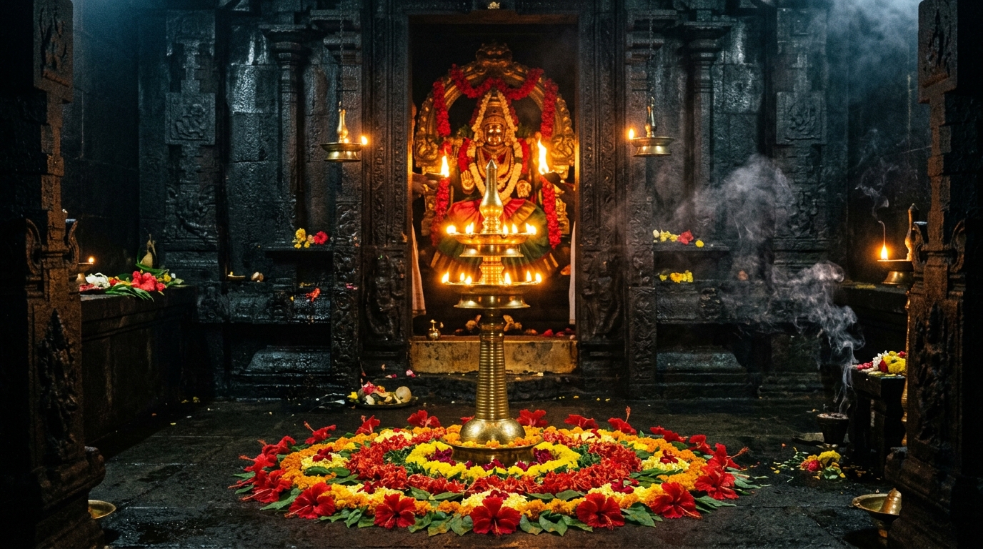 Kerala Temple Sanctum with glowing Nilavilakku and floral altar during Navratri Durga phase