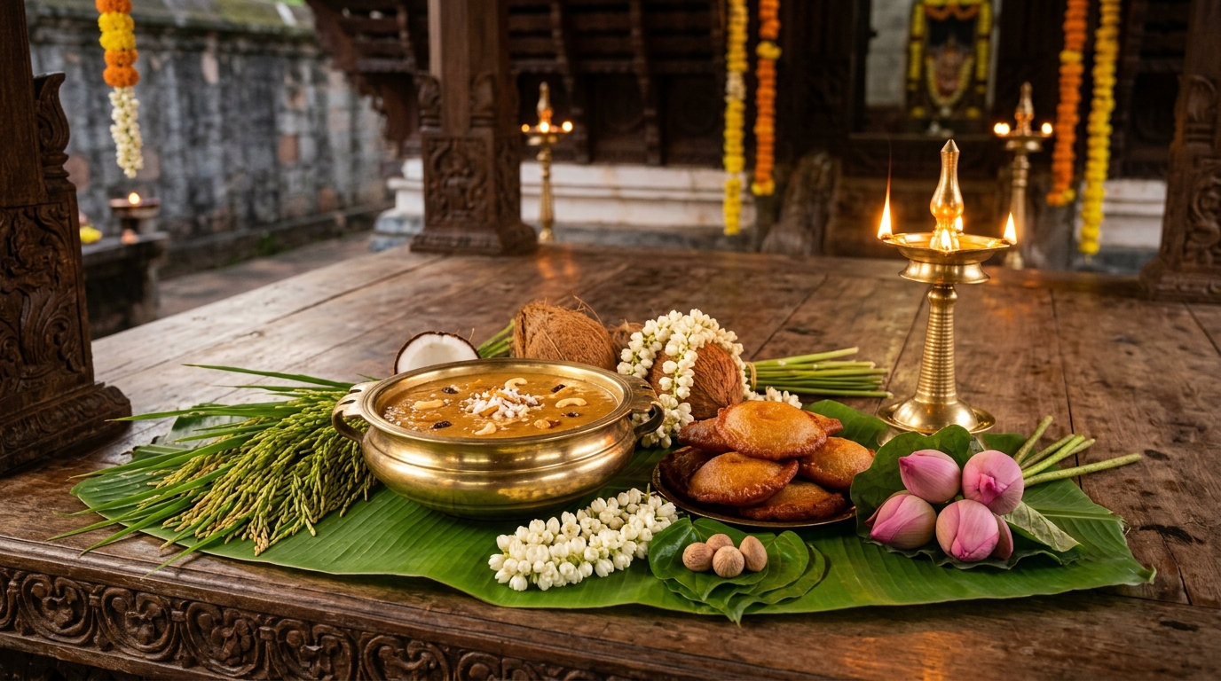 Auspicious Kerala Temple Harvest Offerings with Payasam, Neyyappam, Lotus, and Paddy Sheaves