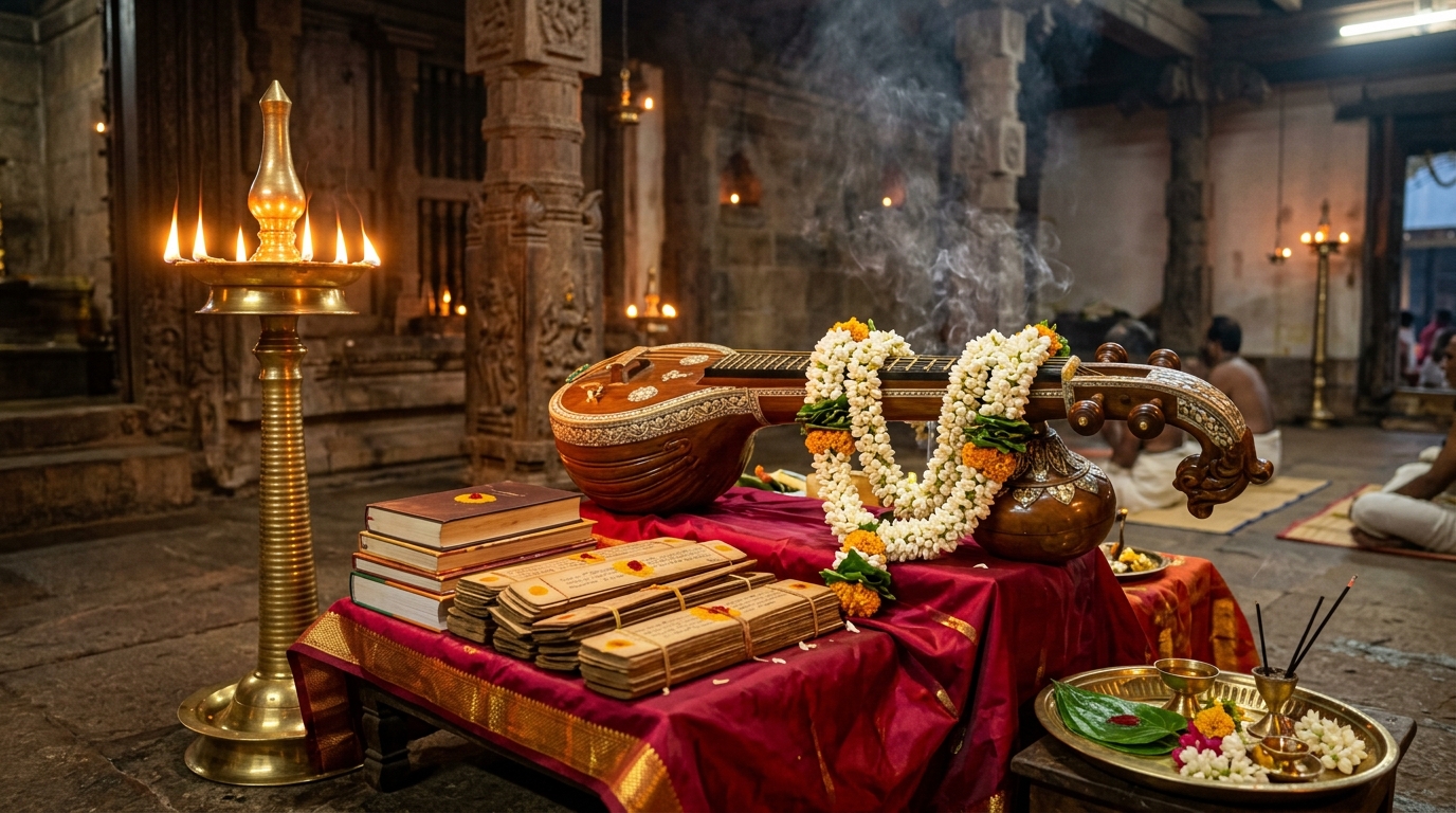 Kerala Temple Pooja Veppu Altar with Saraswati Veena, Jasmine Garlands, and Sacred Scriptures