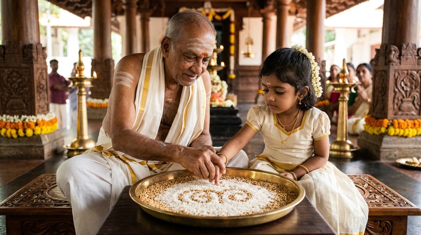 Sacred Vidyarambham ceremony in Kerala temple courtyard with Guru initiating young child tracing letters in rice
